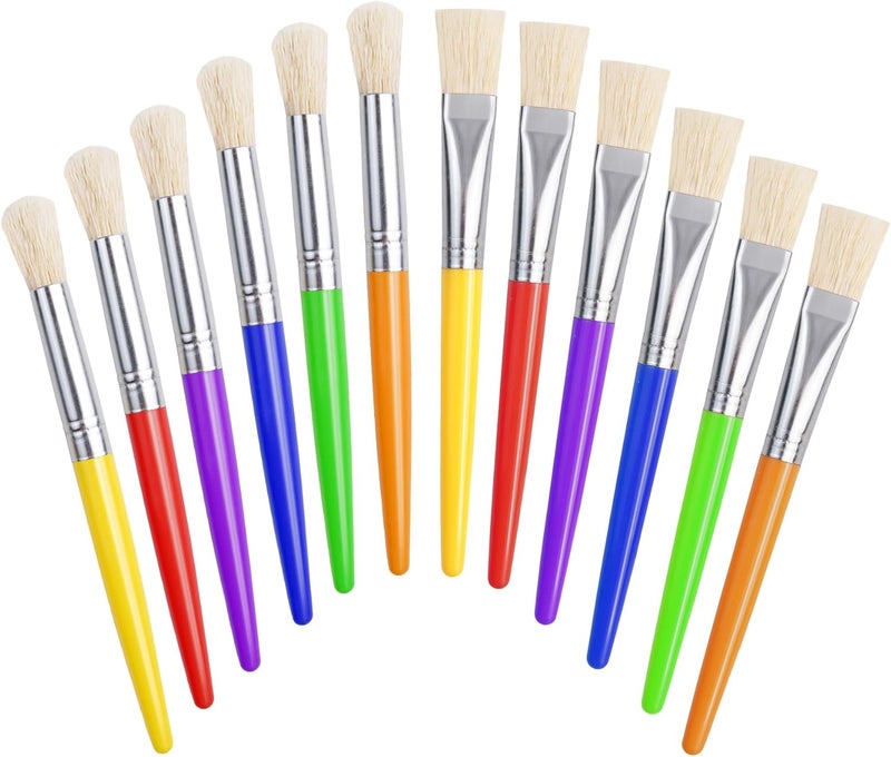 Joyooss Kids Paint Brushes, 12 Pcs Round/Flat Large, Easy to Clean & Grip Washable No Shed Hog Bristle for Watercolor, Acrylic, Gouache - Image 1